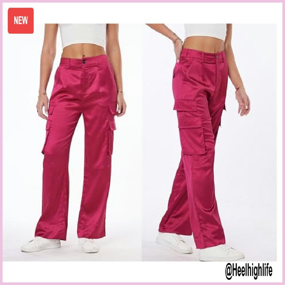 Satin Wide Leg Cargo Pants with Pockets High Waist Elastic - Picture 7 of 8